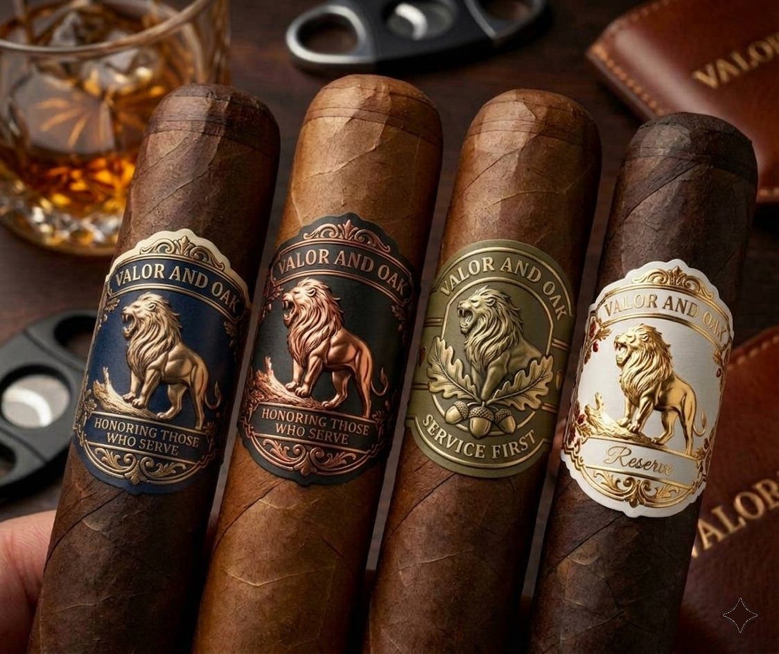 Valor and Oak cigar portfolio — four lion bands